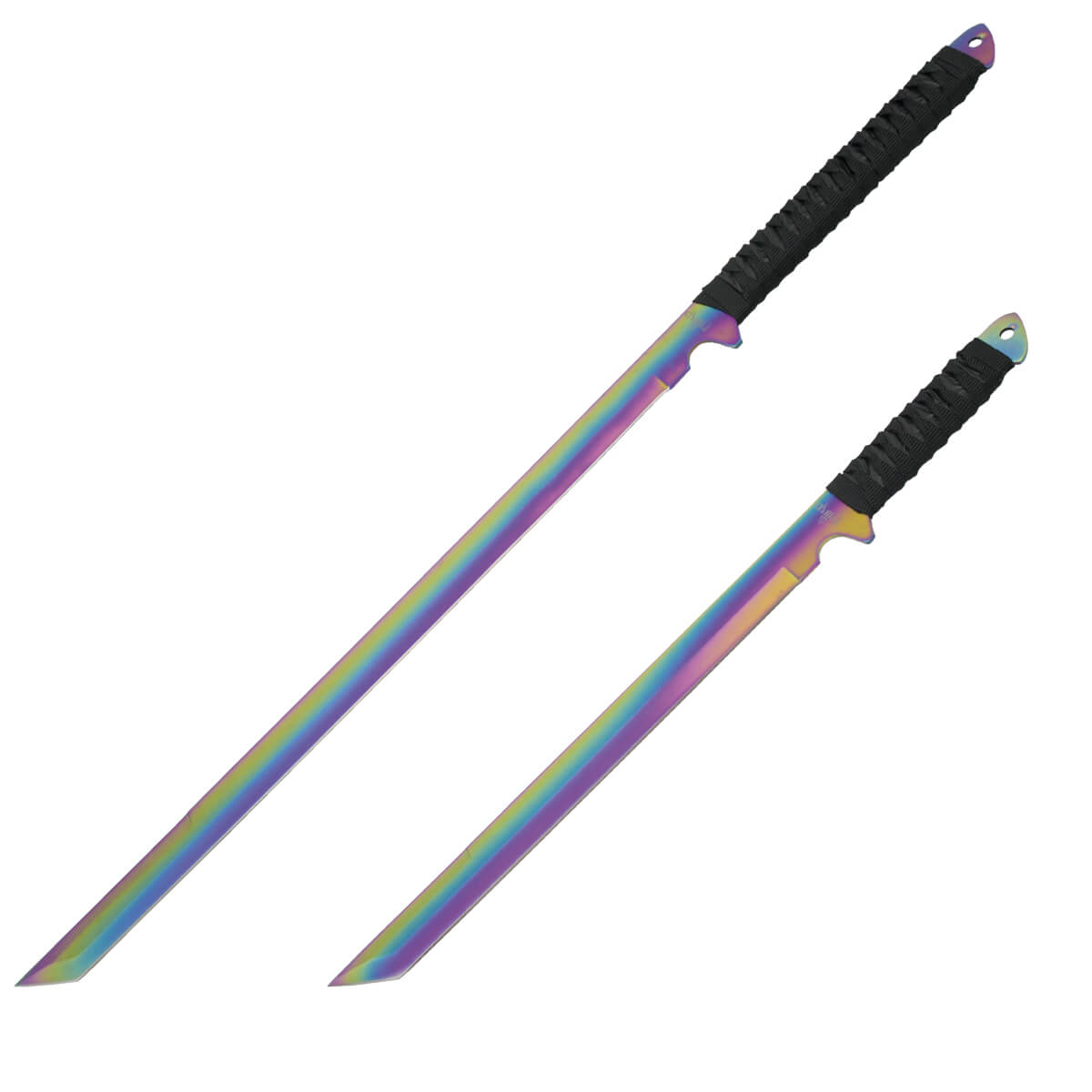 Set de dos machetes con acabado rainbow y mango encordado negro H0128C