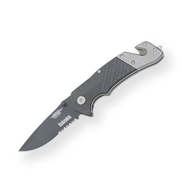 Navaja táctica con mango de aluminio bicolor y hoja semidentada d...