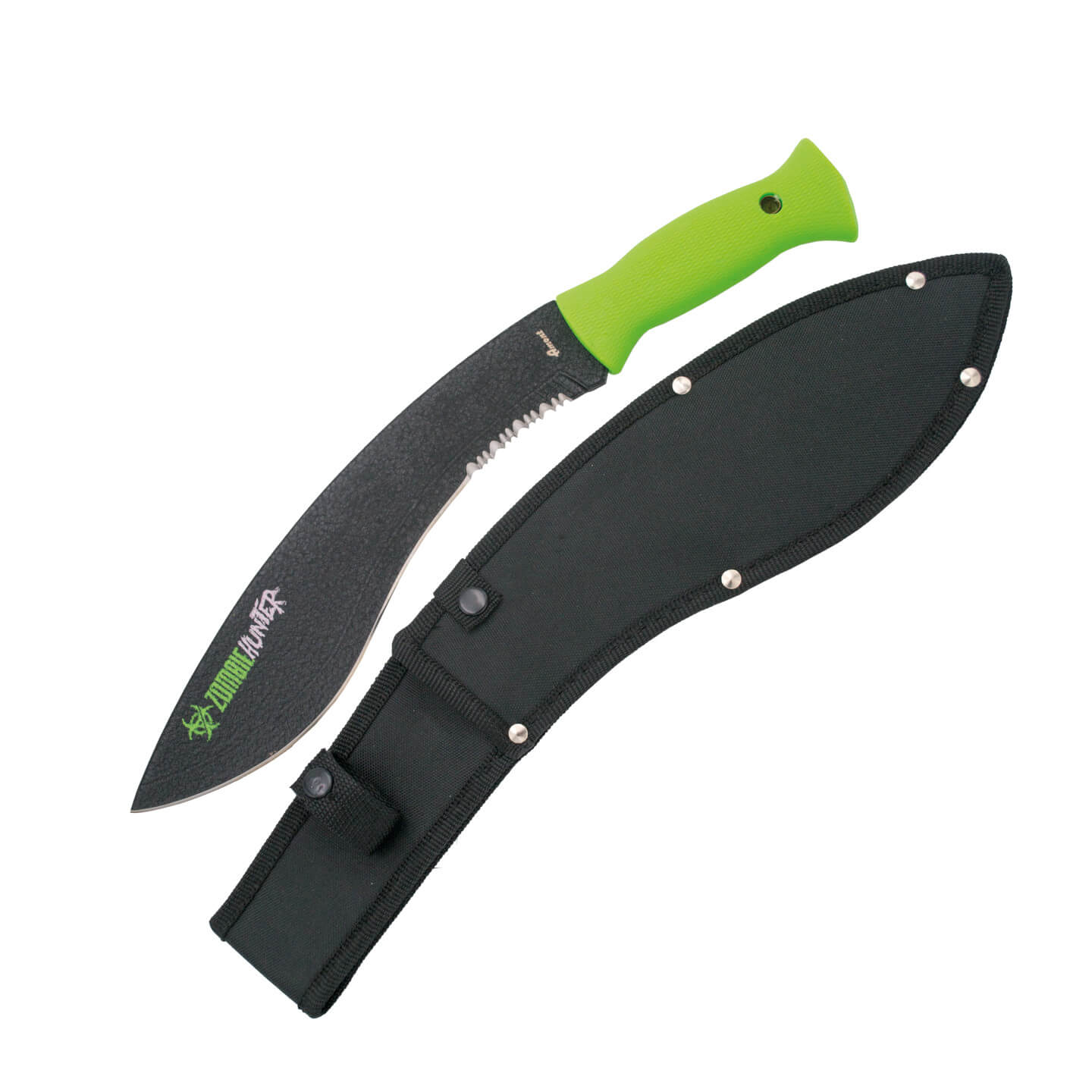 Machete Zombie con mango de ABS verde y hoja negra mitad dentada S2014