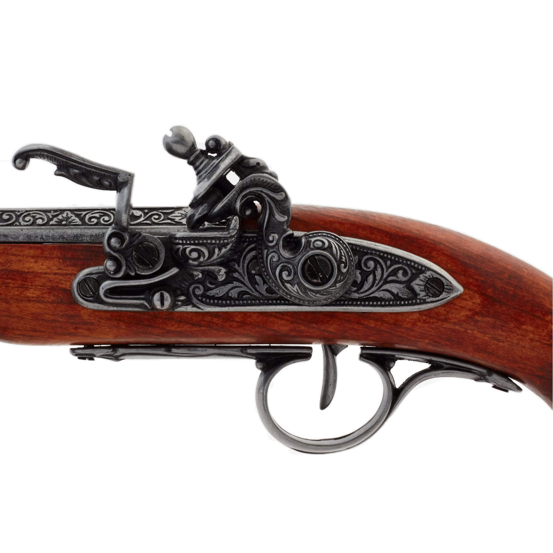 Pistola de chispa zurda siglo XVIII fabricada de madera y metal