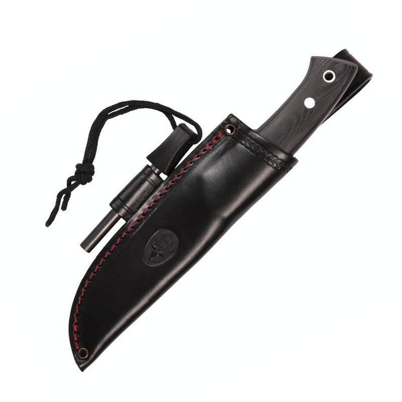 Muela Viking cuchillo de caza con mango de micarta negra y funda de piel con ferrocerio
