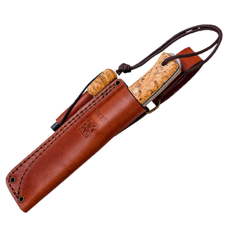 Couteau de bushcraft Joker BS9 Ember avec manche en bois de bouleau et lame Sandvik 14C28N avec silex