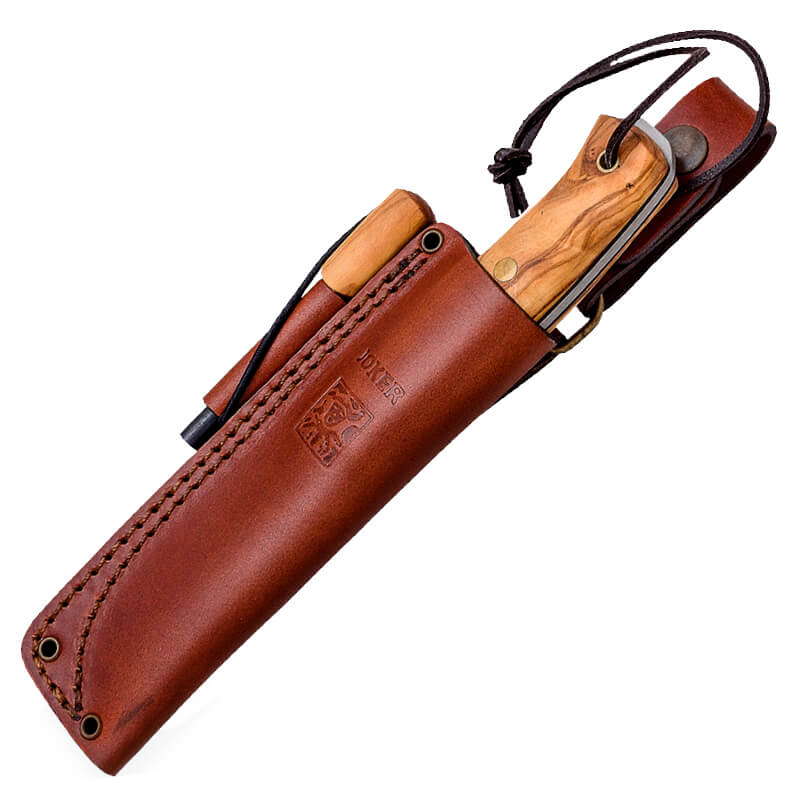 Faca bushcraft Joker BS9 Ember F com cabo de madeira de oliveira e lâmina Sandvik 14C28N com pederneira