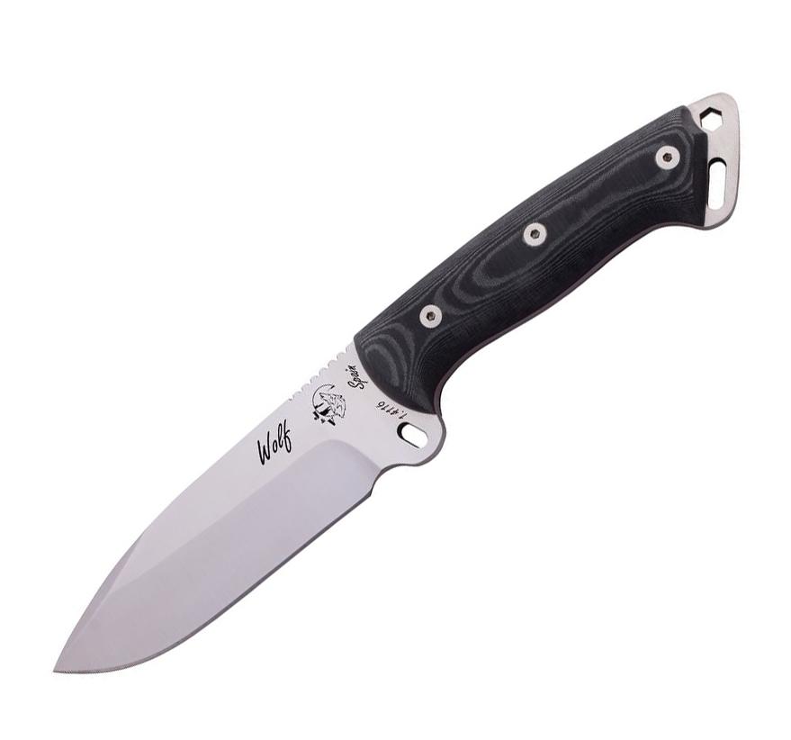 J&V Wolf Messer mit schwarzem Micarta Griff und Lederscheide