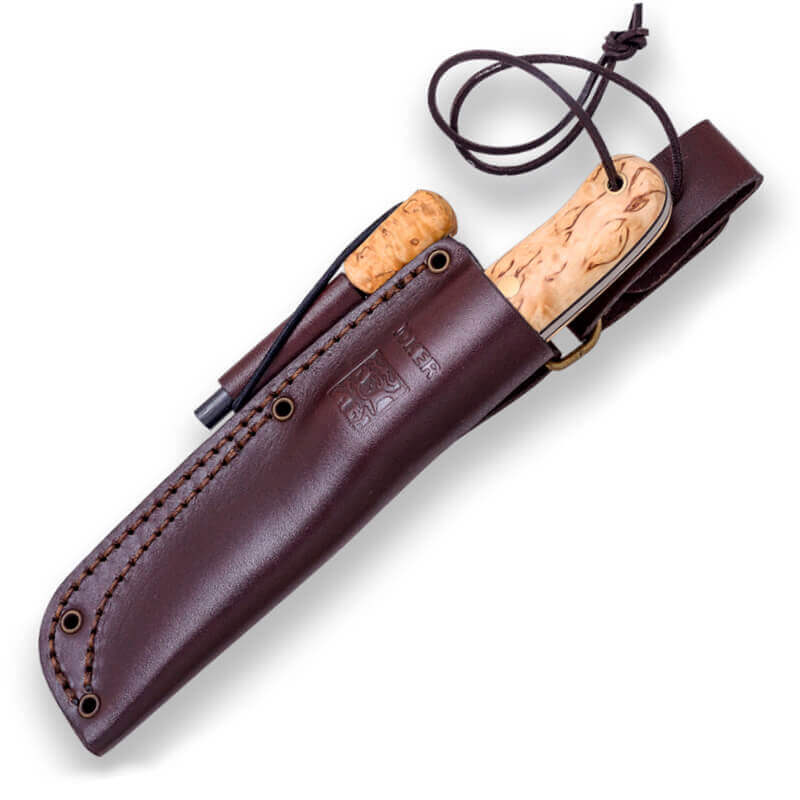 Joker BS9 Trampero S Bushcraftmesser mit Birkenholzgriff und 10 cm Scandi-Klinge mit Feuerstein
