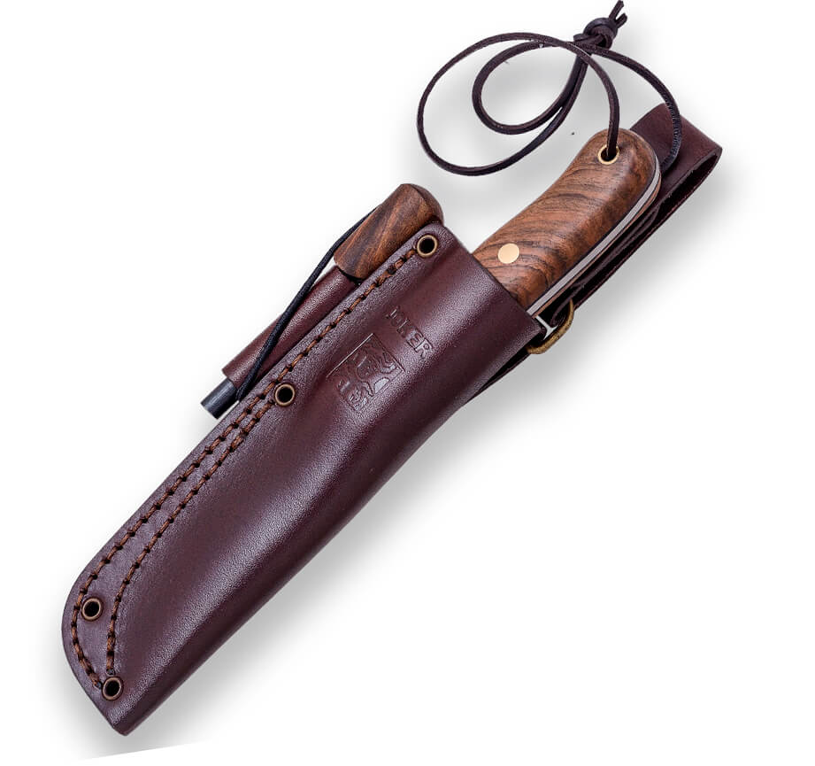Cuchillo bushcraft Joker BS9 Trampero S con mango de madera de nogal y hoja escandi de 10 cm con pedernal