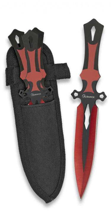 Set de cuchillos lanzadores de tres piezas de acero negro y rojo ...