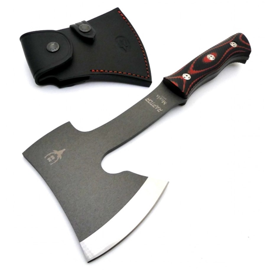 Hacha táctica Muela Raptor con mango de micarta texturizada y hoja con recubrimiento antifricción