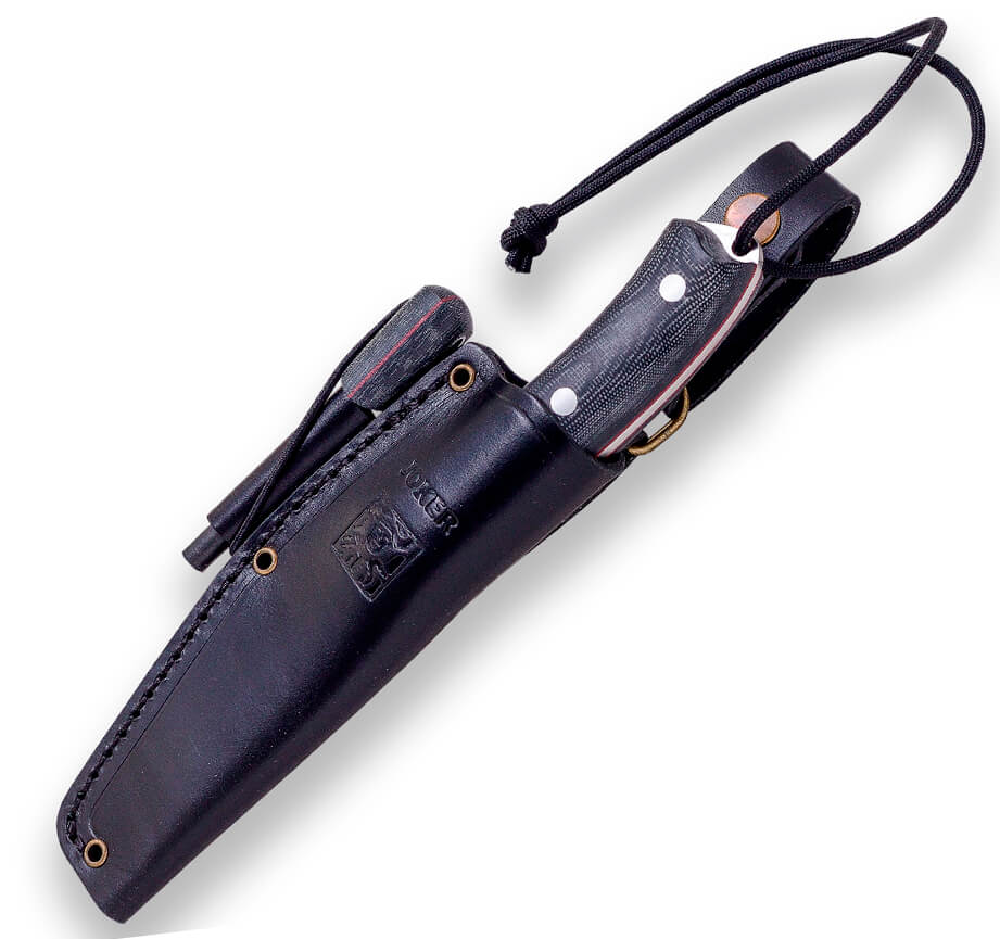 Joker Bushcrafter-Messer mit schwarzem Micarta-Griff mit Feuerstein