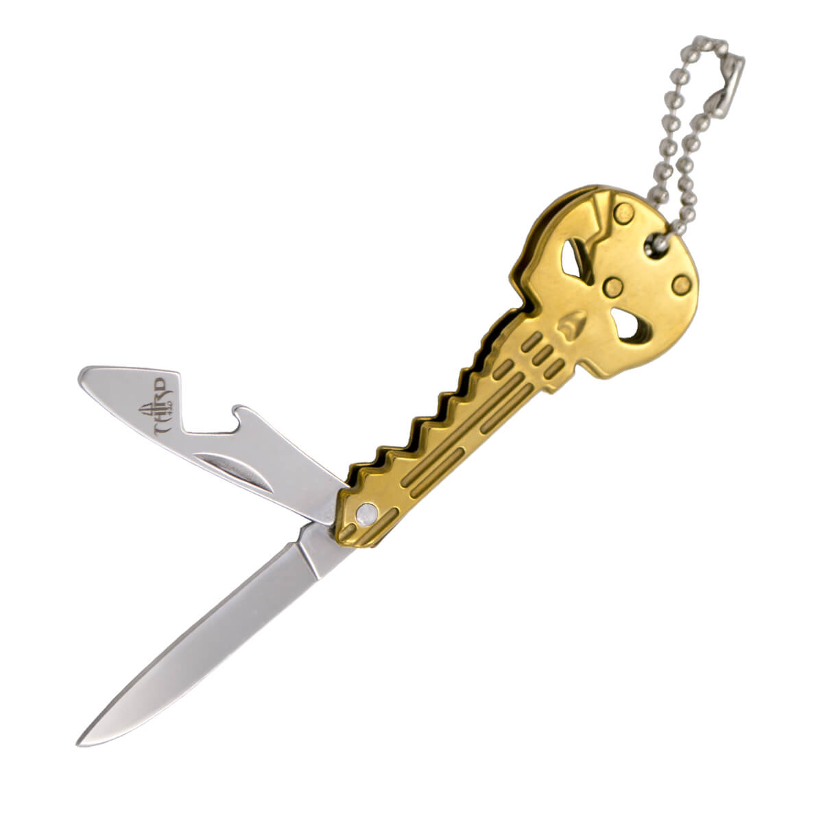 Totenkopfmesser aus goldenem Edelstahl mit 4,6 cm langer Klinge