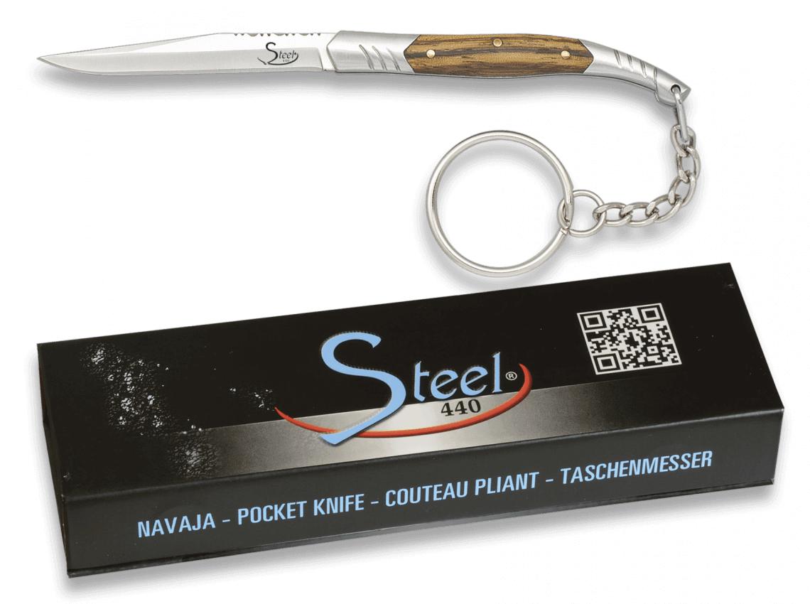 Navaja STEEL 440 con mango de madera zebra, virola de acero y hoj...