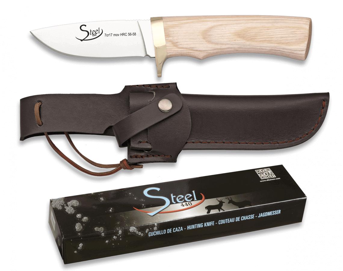 Cuchillo de caza de Albainox con funda de piel, mango de madera, ...