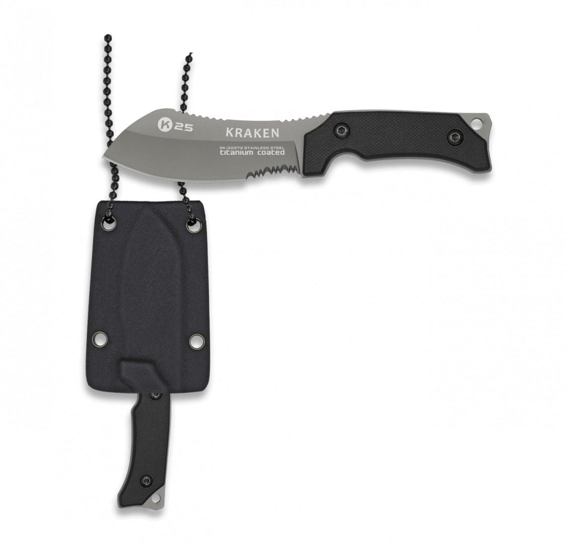 Cuchillo KRAKEN K25 con mango de G10 negro, funda colgante de kyd...