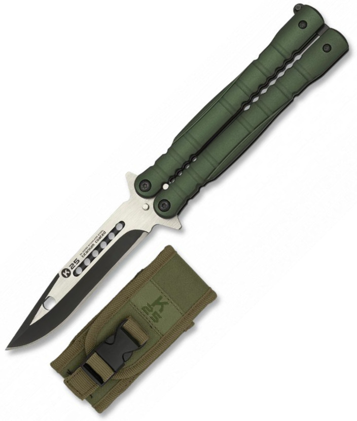 Navaja táctica abanico K25 con mango de aluminio verde, funda de ...