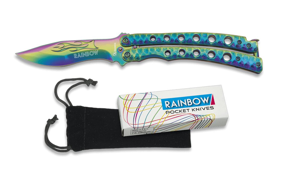 Navaja mariposa Rainbow con funda de terciopelo, bloqueo en el po...