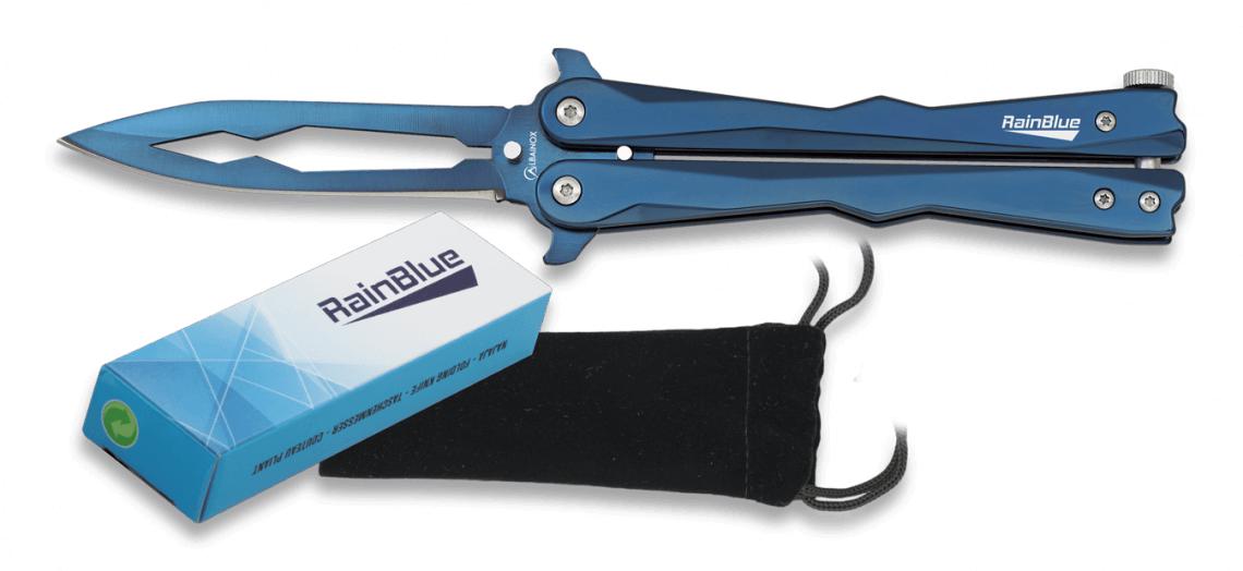 Navaja abanico RAINBLUE con mango de aluminio, funda de terciopel...