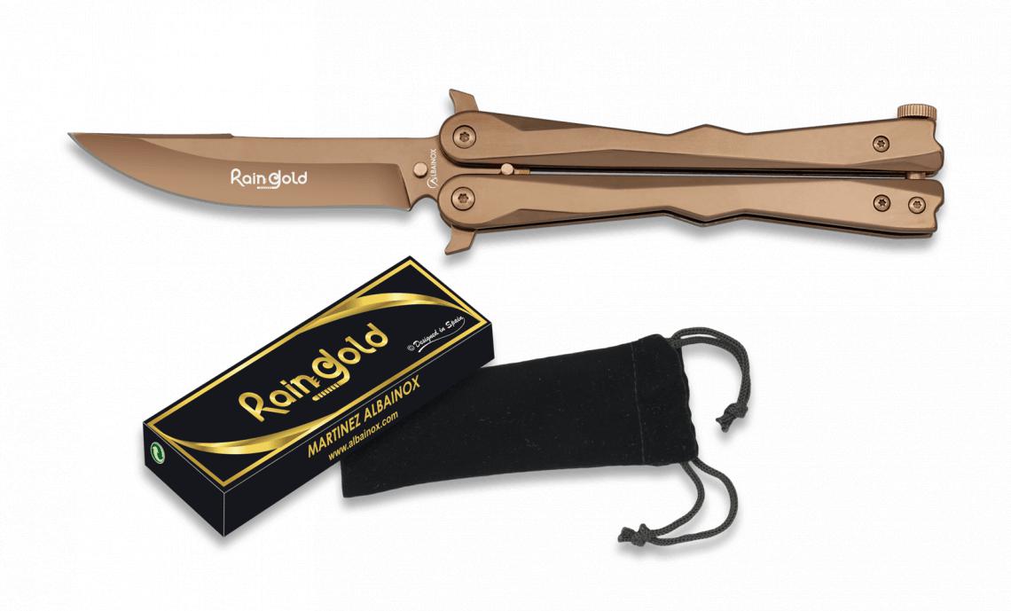 Navaja mariposa Raingold con funda de terciopelo y hoja de 9,1 cm