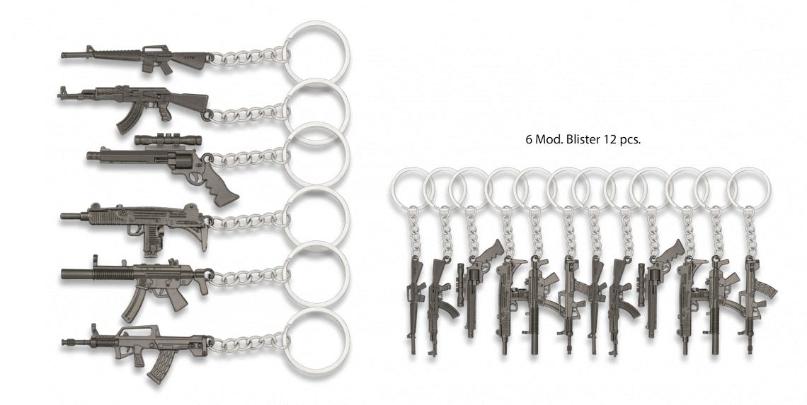 Surtido de llaveros con armas presentados en blíster de 12 unidad...