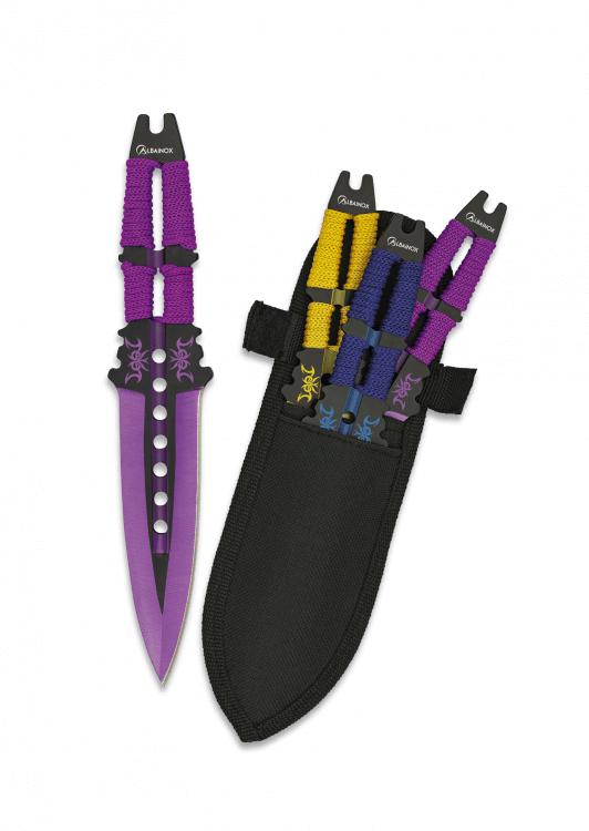 Set de tres piezas de lanzadores de color morado, azul y amarillo...