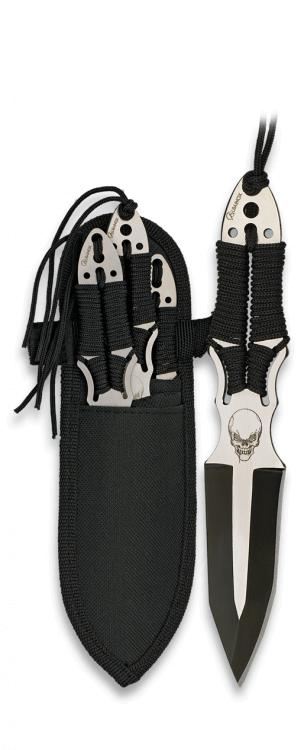Tres piezas de cuchillos para lanzar con calavera grabada con hoj...
