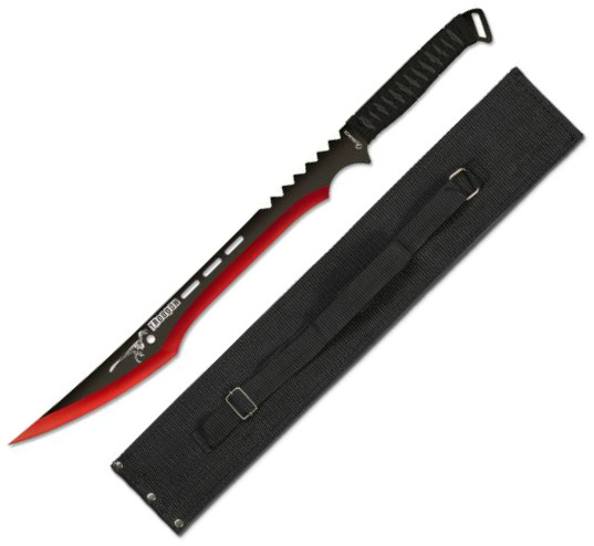Machete con hoja de 44.5 cm negra y roja y mango encordado negro