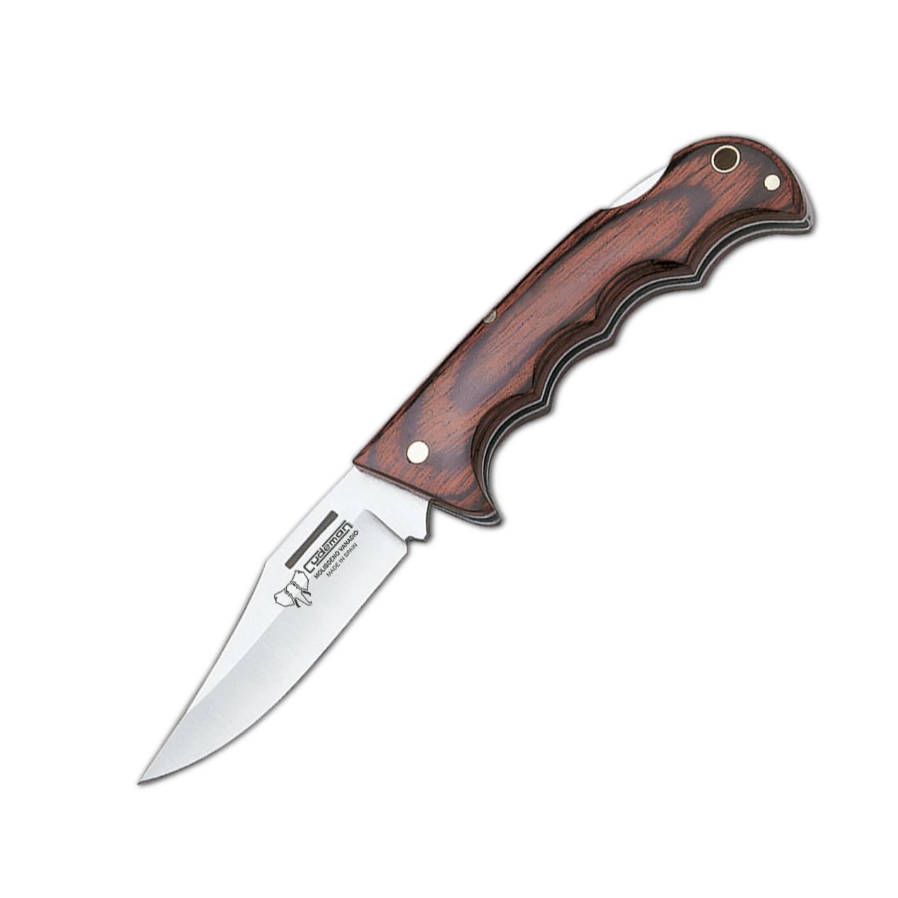 Navaja de caza Cudeman. Puño en estamina roja. 8 cm. Hoja Clip-Point. Funda de cuero