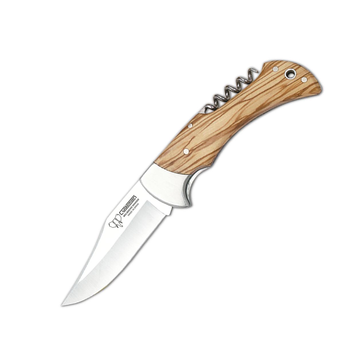 Navaja de caza con virola Cudeman. Hoja de 9 cm. Mango en madera de olivo. Funda de cuero