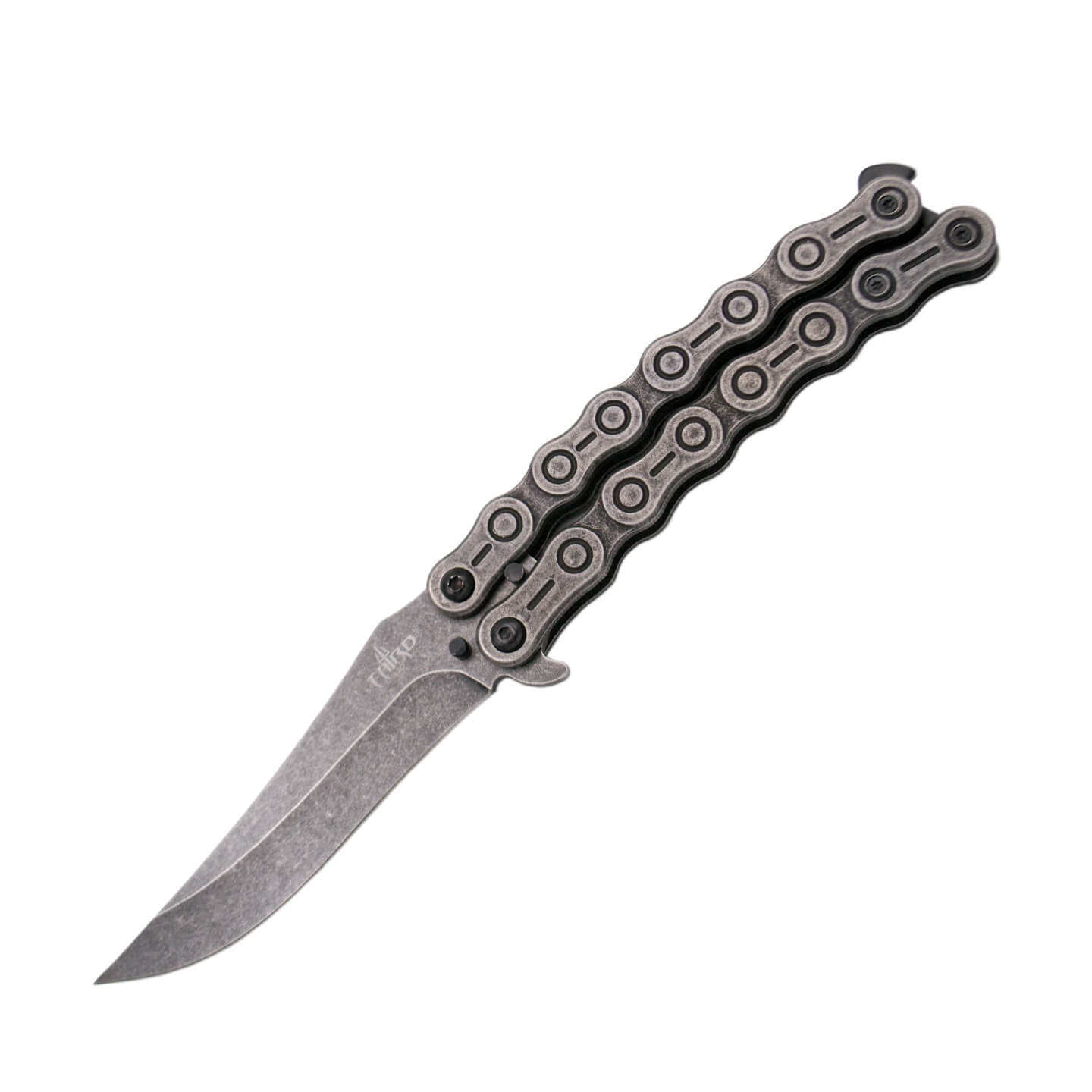 Navaja mariposa stonewashed con mango de acero inox en forma de c...