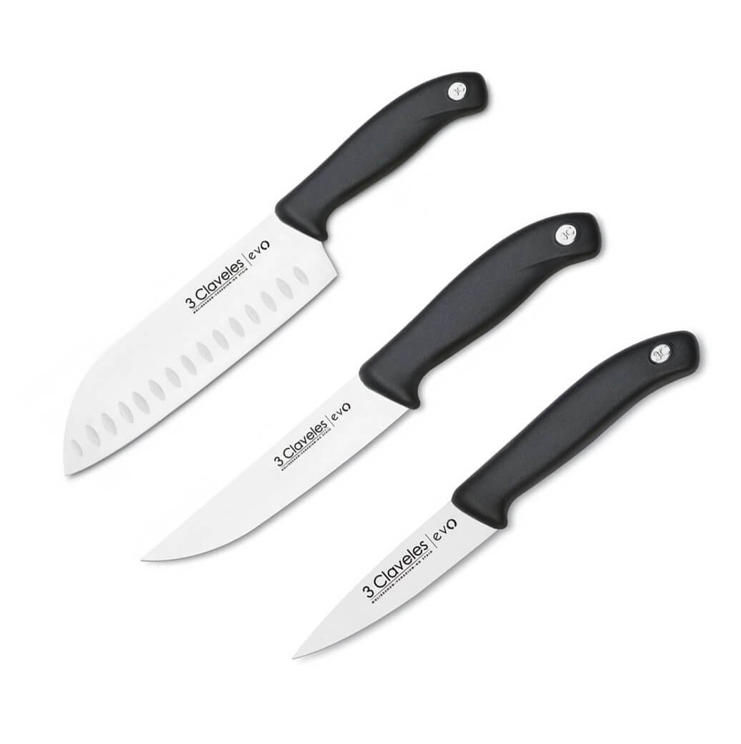 Set de 3 cuchillos cocineros Evo con mango de polipropileno negro