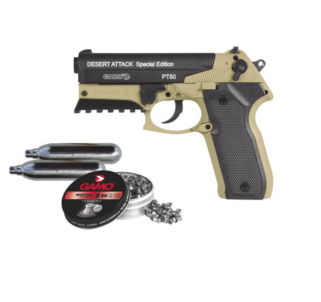Pack pistola de CO2 Gamo PT-80 Desert Attack con balines y bombon...