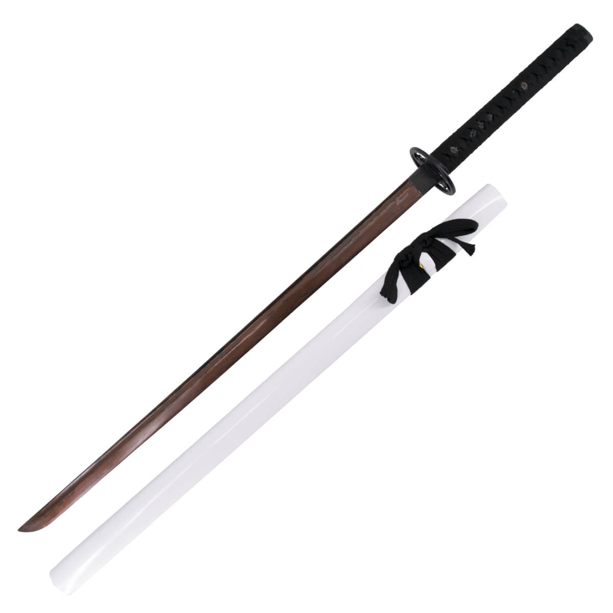 Katana funcional con hoja de acero damasco rojo y vaina blanca
