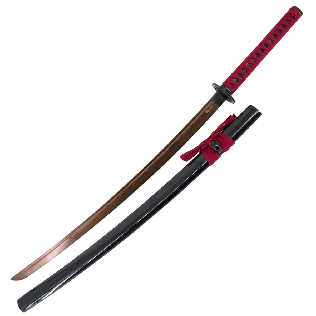 Katana fonctionnel avec lame en acier au carbone rouge et fourreau noir