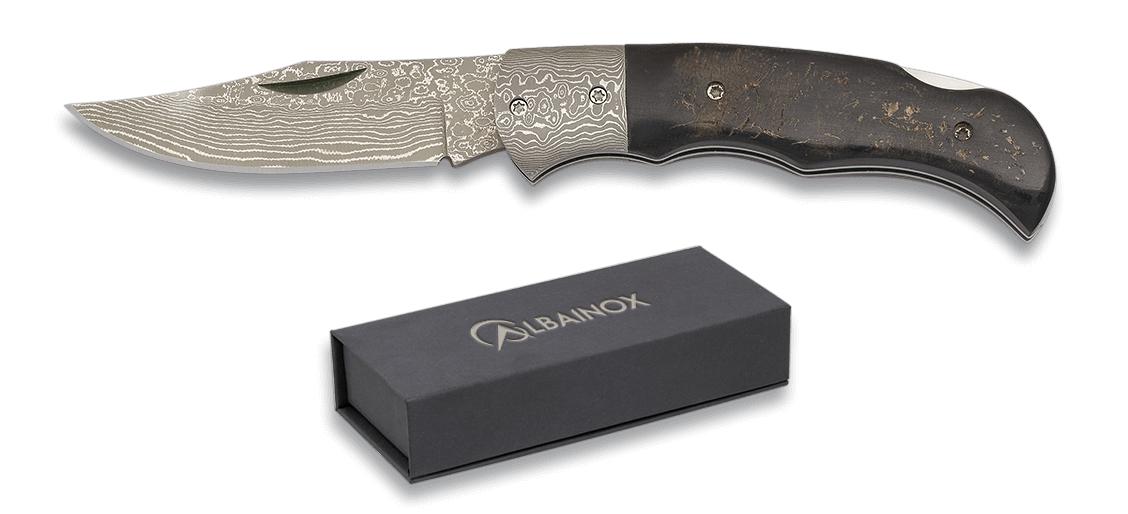 Damasttaschenmesser von Albainox mit Ochsenhorngriff, Linearlock ...