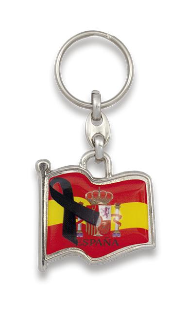 Llavero con la bandera y escudo de España con crespón negro