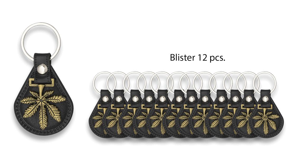 Blíster de 12 unidades de llaveros con forma de marihuana
