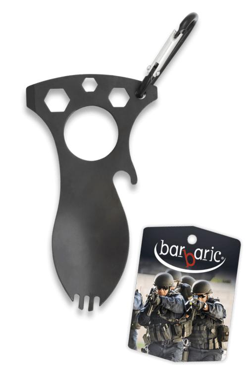 Multiherramienta negra con mosquetón de acero inoxidable