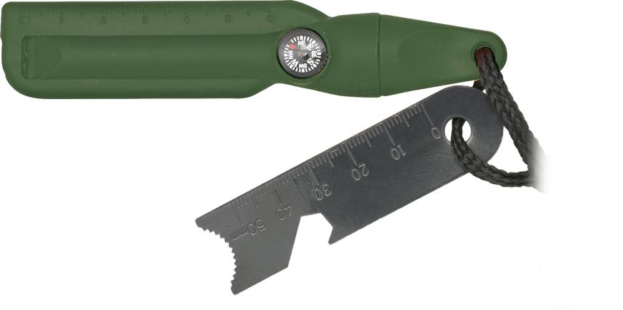 Pedernal de color verde con silbato y brújula presentado en blíst...