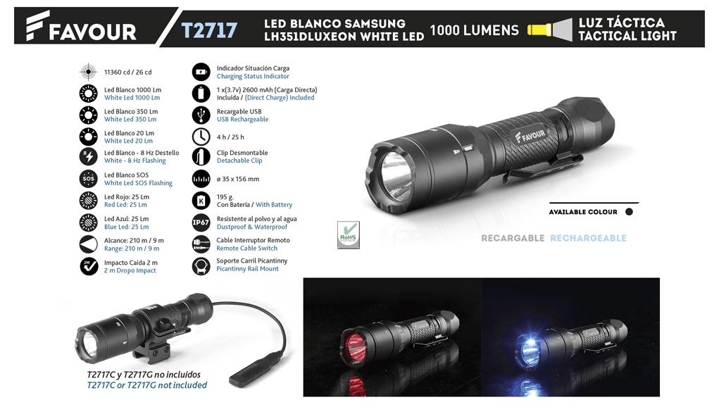 Luz táctica FAVOUR con led blanco de Samsung de 1000 lumens