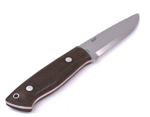 Bushcraft-Messer Brisa Trapper 95 Scandi mit grünem Micarta-Griff und Bushcraft-Scheide mit Feuerstein