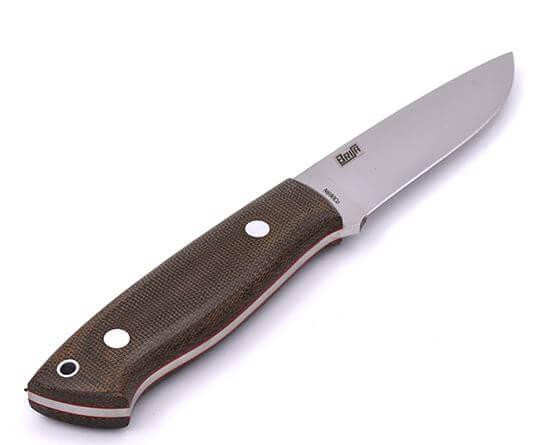 Bushcraft Brisa Trapper 95 Flachmesser mit grünem Micarta-Griff und Bushcraft-Scheide mit Feuerstein