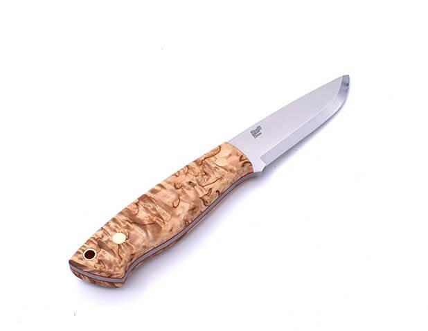 Cuchillo de Bushcraft Brisa Trapper 95 scandi con mango de madera estabilizada de abedul rizado  y funda trapper
