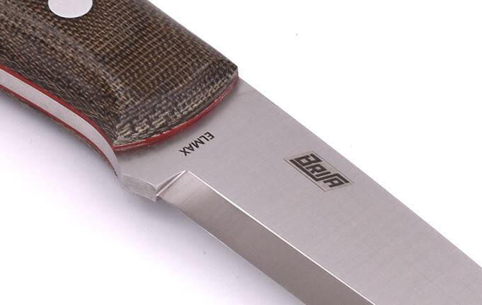 Bushcraft Brisa Trapper 95 Scandi-Messer mit grünem Micarta-Griff mit Elmax-Stahl und Bushcraft-Scheide mit Firesteel