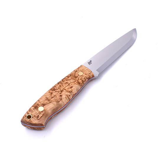 Bushcraftmesser Brisa Trapper 115 scandi mit Griff aus stabilisiertem Maserbirkenholz mit Elmax-Stahl und Bushcraftscheide mit Firesteel