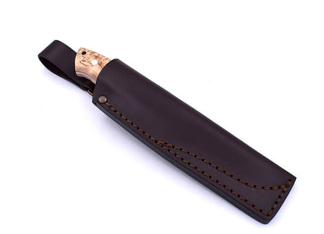 Faca para bushcraft Brisa Trapper 115 scandi com cabo de madeira de bétula encaracolada estabilizada com aço Elmax e bainha para bushcraft
