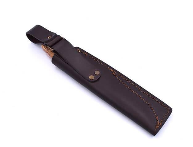 Faca para bushcraft Brisa Trapper 115 scandi com cabo de madeira de bétula encaracolada estabilizada com aço Elmax e bainha para bushcraft