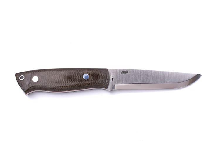 Brisa Trapper 115 Scandi-Messer mit grünem Micarta-Griff mit Elmax-Stahl und Bushcraft-Scheide