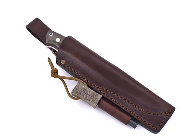 Brisa Trapper 115 Scandi-Messer mit grünem Micarta-Griff mit Elmax-Stahl und Bushcraft-Scheide mit Feuerstein