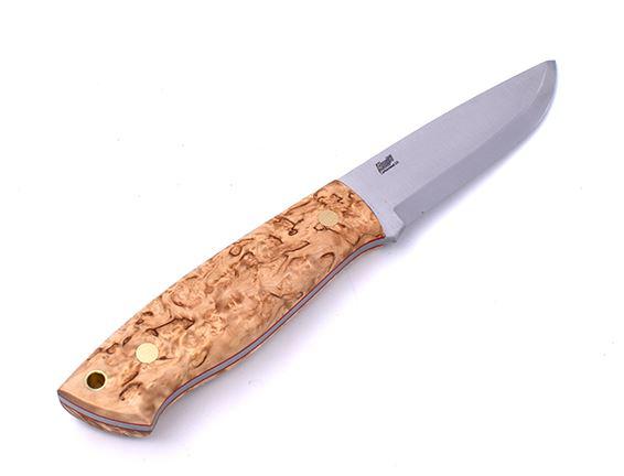 Brisa Trapper 95 mit Griff aus stabilisiertem Maserbirkenholz und Klinge aus O1-Scandi-Kohlenstoffstahl mit Bushcraft-Scheide mit Feuerstein