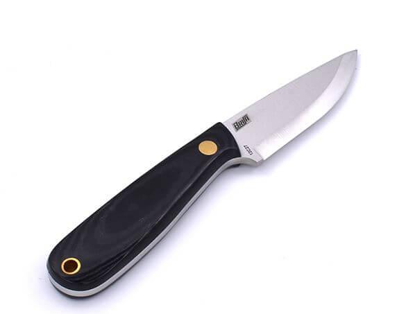 Cuchillo de cuello Brisa Necker 70 Scandi con puño de micarta negra y funda de piel multiposición