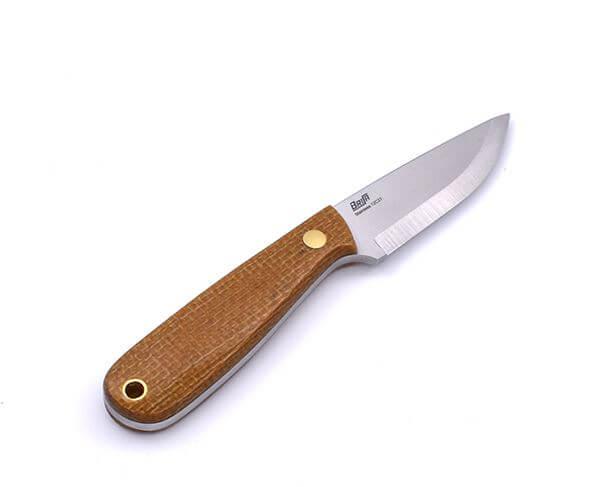 Cuchillo de cuello Brisa Necker 70 Scandi con puño de micarta mostaza y funda de piel